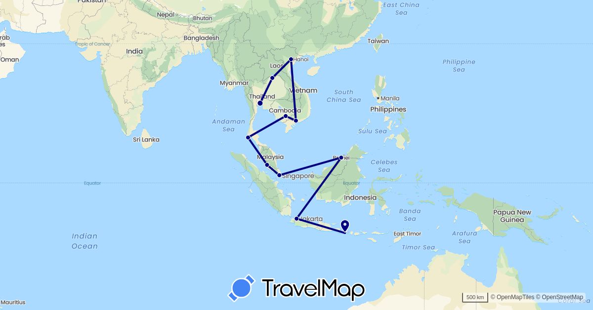 TravelMap itinerary: driving in Brunei, Indonesia, Cambodia, Laos, Malaysia, Singapore, Thailand, Vietnam (Asia)
